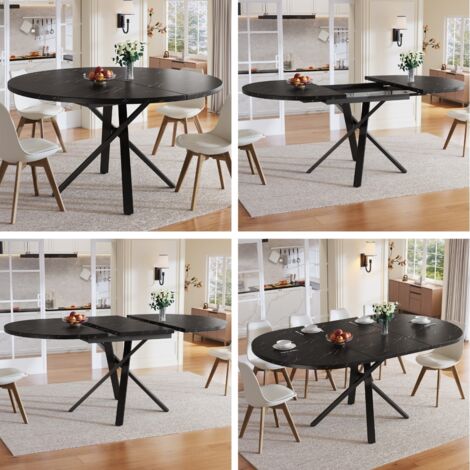 Table à manger ronde extensible à effet marbre - 100 cm (extensible à 140 cm) x 75,5 cm de hauteur - Avec cadre métallique X robuste noir - Idéale comme table de cuisine ou table de petit-déjeuner