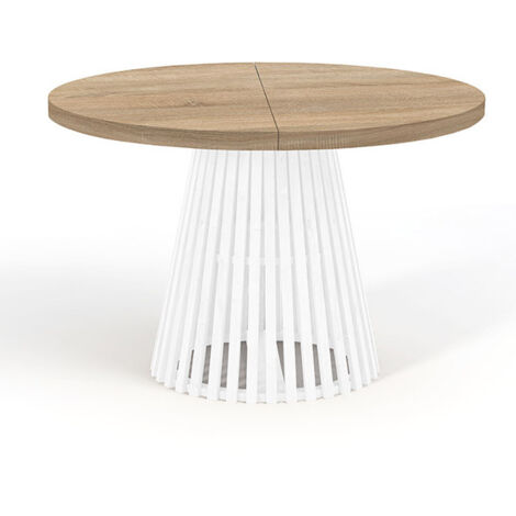Table à manger ronde extensible DOVER avec lamelles- style industriel/loft avec pieds Ă lattes, diamètre : 100 / 200 cm, couleur :sonoma / blanc