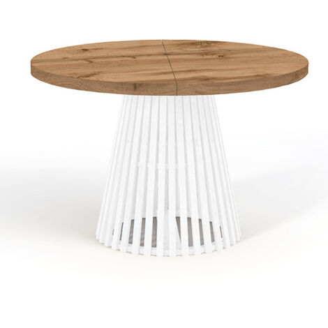 Table à manger ronde extensible DOVER avec lamelles- style industriel/loft avec pieds Ă lattes, diamètre : 110 / 210 cm, couleur :wotan / blanc