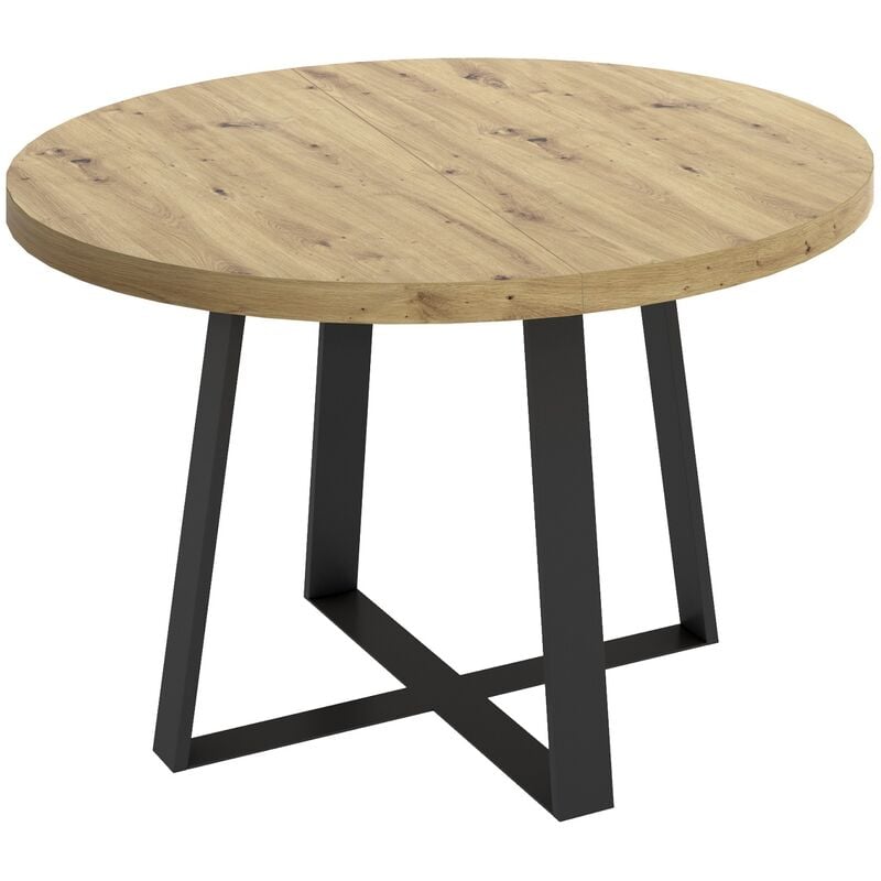 Pegane - Table à manger ronde extensible en bois chêne avec pieds en métal graphite - Longueur 110-158 x Profondeur 110 x Hauteur 77 cm