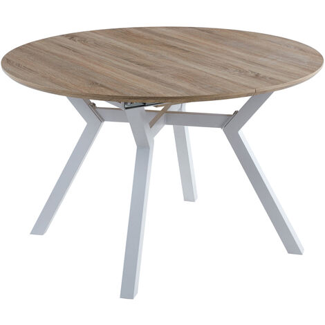Table à manger ronde extensible en bois coloris chêne, pieds blanc - diamètre 120 - 160 x Hauteur 75 cm