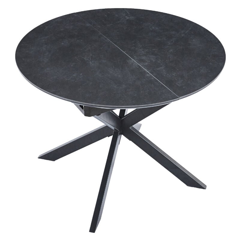 Pegane - Table à manger ronde extensible en céramique coloris noir / pieds noir - Diamètre 100-140 x hauteur 75 cm