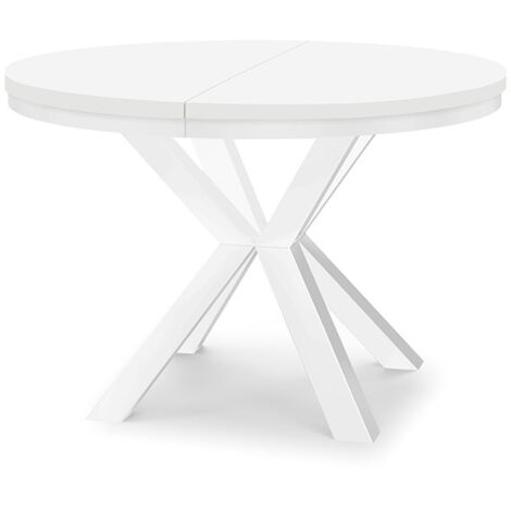 Table à manger ronde extensible RAL avec cerclage métallique, style loft, industriel, diamètre : 100 / 200 cm, couleur : blanc