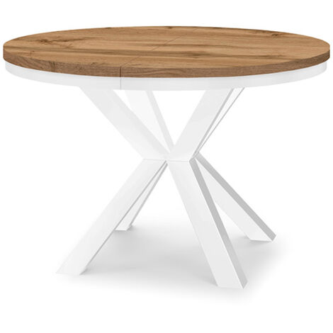 Table à manger ronde extensible RAL avec cerclage métallique, style loft, industriel, diamètre : 100 / 200 cm, couleur :wotan / blanc