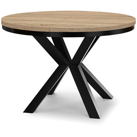 Table à manger ronde extensible RAL avec cerclage métallique, style loft, industriel, diamètre : 90 / 190 cm, couleur :sobre / noir