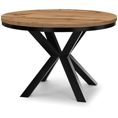Table à manger ronde extensible RAL avec cerclage métallique, style loft, industriel, diamètre : 90 / 190 cm, couleur :wotan / noir