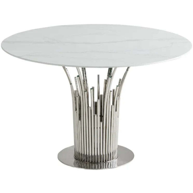 Homy France - Table à manger ronde flute Chrome verre effet marbre blanc D120cm