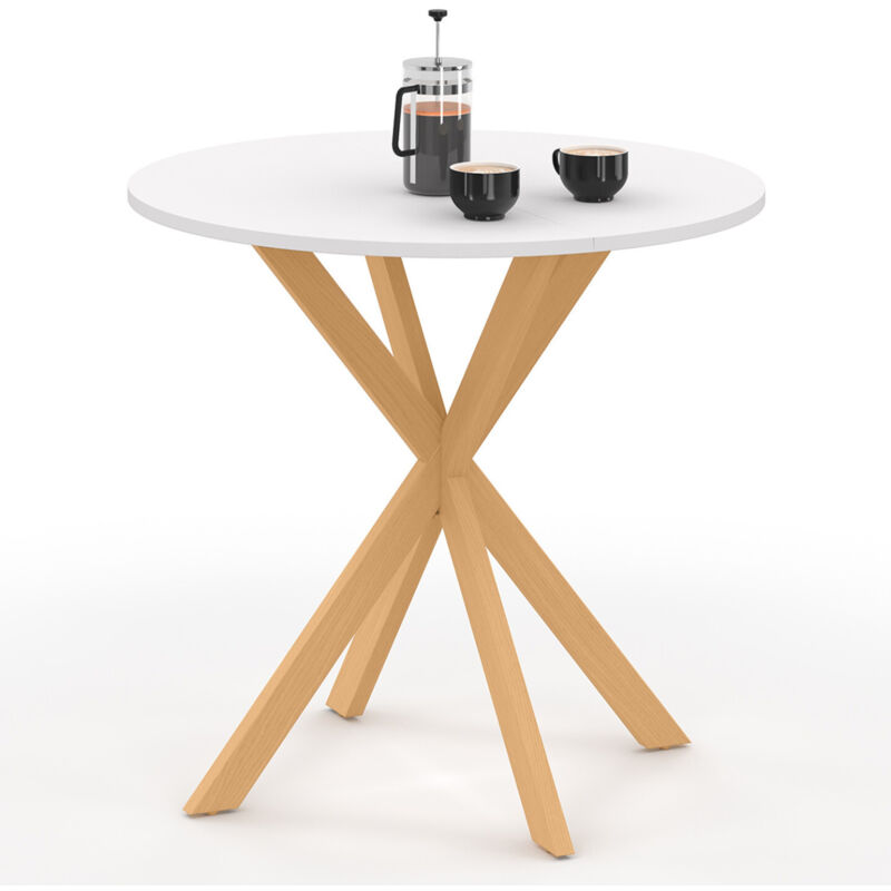 Idmarket – Table à manger ronde 80 cm – Pied araignée en métal effet hêtre – Plateau MDF blanc – Pour 4 personnes – Dimensions compactes