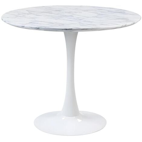 Table à manger ronde MANAGA - 4 personnes - MDF Blanc Effet Marbre