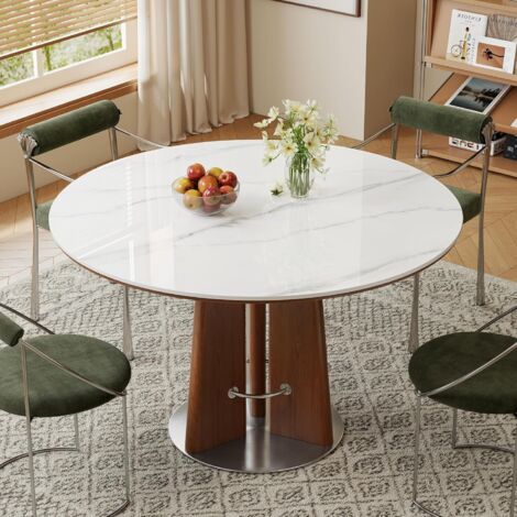 Table à manger ronde moderne avec plateau en pierre frittée de 120 cm, hauteur 75 cm, résistante aux rayures et imperméable, table de salle à manger avec base en acier inoxydable