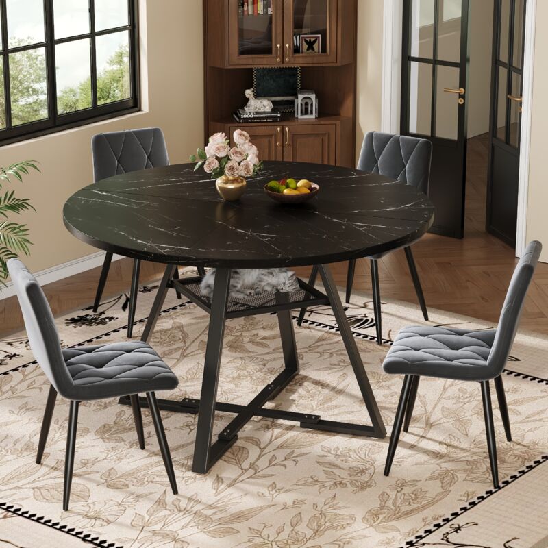 Table à manger ronde noire 120 cm pour 4-6 personnes, plateau effet marbre, 1 étagère ouverte, pieds en métal, table de salon/cuisine, MDF, noir