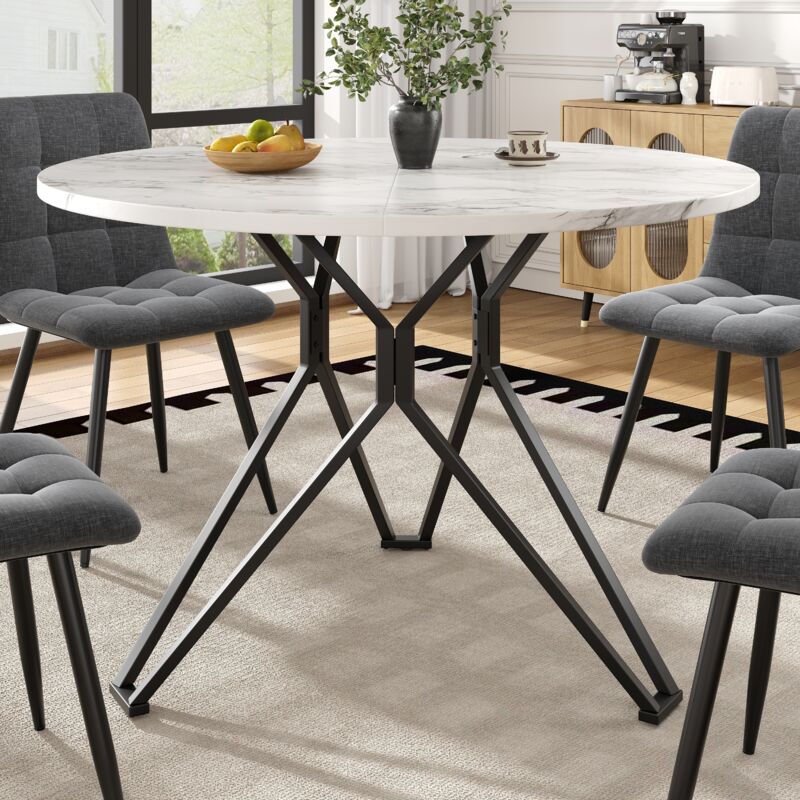 Table à manger Ronde pour 4 personnes 100×100×76 cm Pieds métal Noir Plateau marbre MDF pour Salon Cuisine Salle à manger