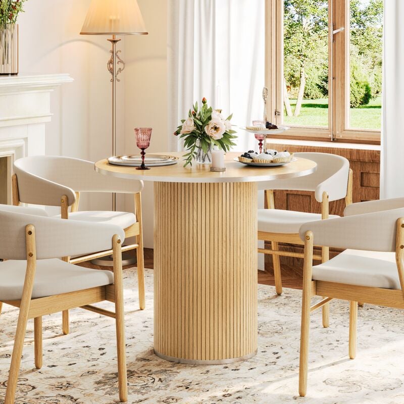 Neche - Table à manger Ronde pour 4 personnes,Table de salle à manger avec piètement en lattes de bois,pour cuisine,salon,Naturel(table seule)