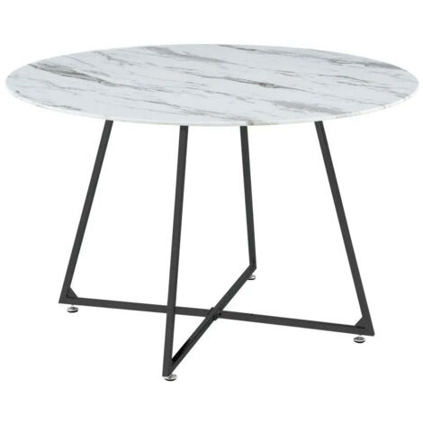 Table à Manger Ronde Verre Marbré Blanc Pied Métal Noir – D120×75 cm  – HELOISE