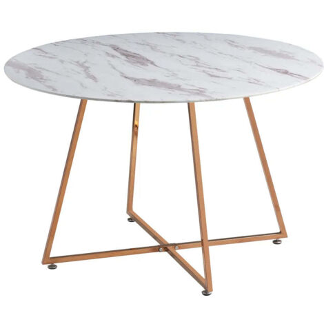 Table à Manger Ronde Verre Marbré Blanc & Pied Rose Gold – D120×75 cm – HELOISE