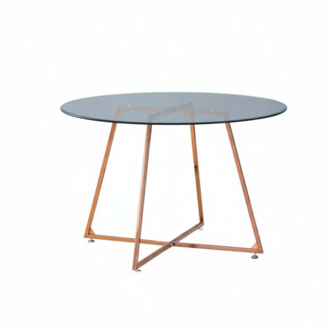 Homy France – Table à manger ronde 120 cm – Plateau en verre trempé transparent – Piètement en métal gold rose – Design moderne et élégant
