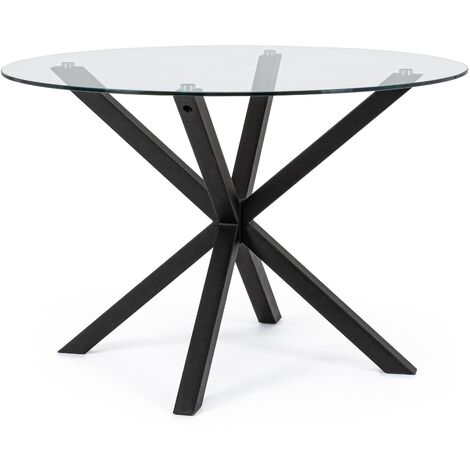 Table à manger ronde verre trempé et acier noir Agno 114 cm