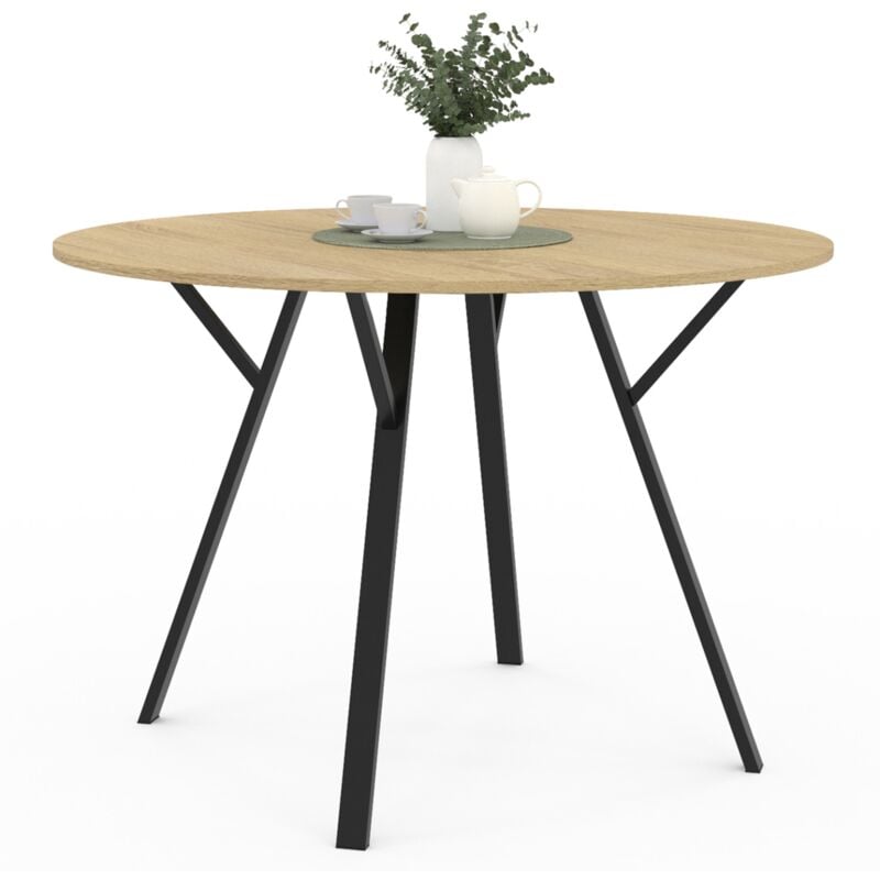 Table à manger ronde yseult 4-6 personnes bois et noir design industriel 110 cm