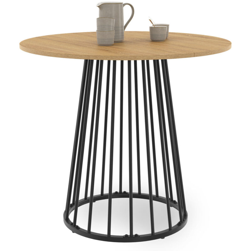 Table à manger ronde 4 personnes plateau bois et pied en métal noir 80 cm