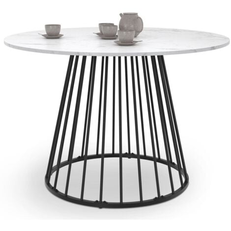 Table à manger ronde YUNA 6 personnes pied filaire en métal noir et plateau effet marbre blanc ALASKA 110 cm