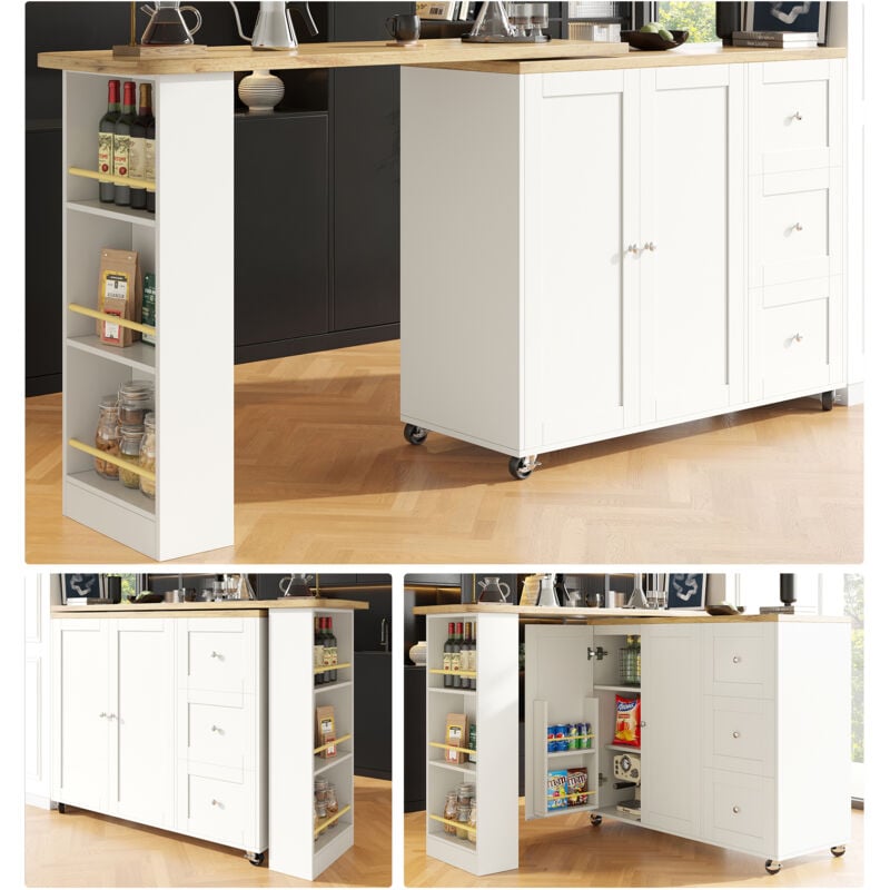 Okwish - Table de bar rotative blanche sur roulettes avec 3 tiroirs, 1 porte-collation, pour cuisine et au salon, 138-209x39x106 cm