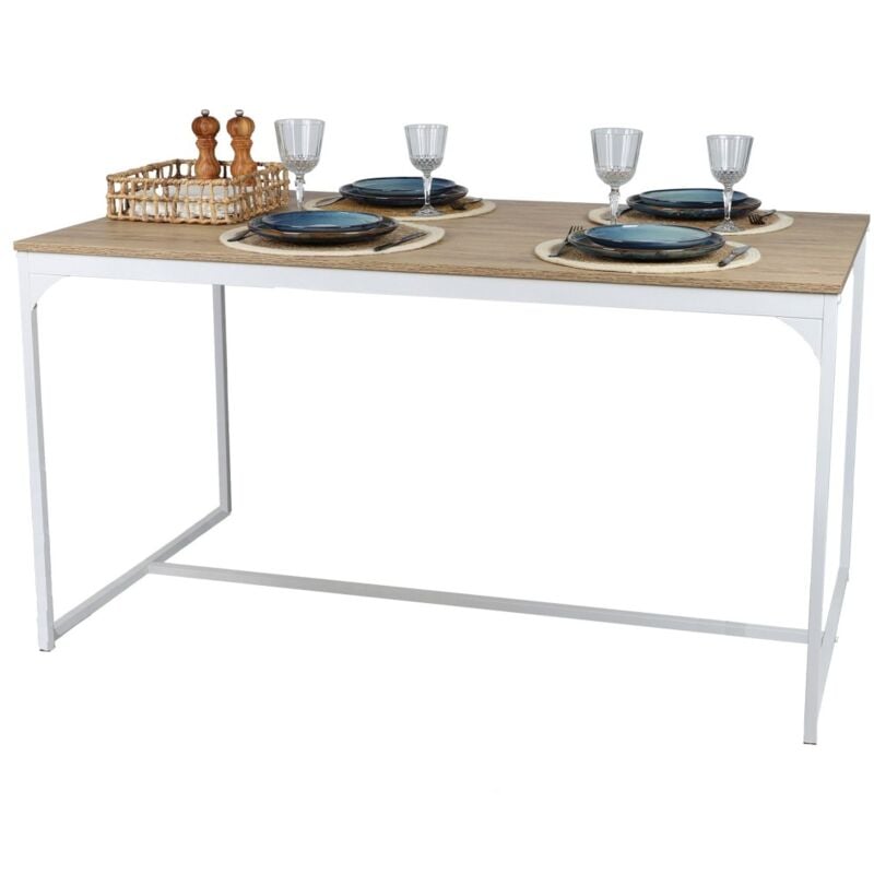 Meublorama - Table à manger style industriel collection pueblo – Coloris chêne clair avec pied en métal blanc, dimensions 150x80x75 cm