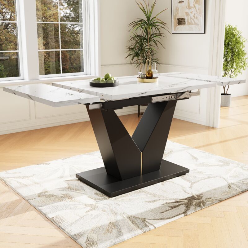 Tanant - Table à manger, Table à manger extensible, pieds en fer noir en forme de v, plateau en marbre blanc, convient pour la cuisine et le salon