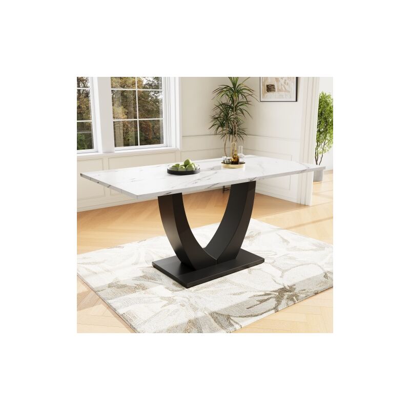 Table à manger, table de cuisine structure en métal, en marbre moderne, avec pieds réglables pour salle à manger et salon, blanc/noir Table à manger, table de cuisine structure en métal, en marbre moderne, avec pieds réglables pour salle à manger et salon, blanc/noir