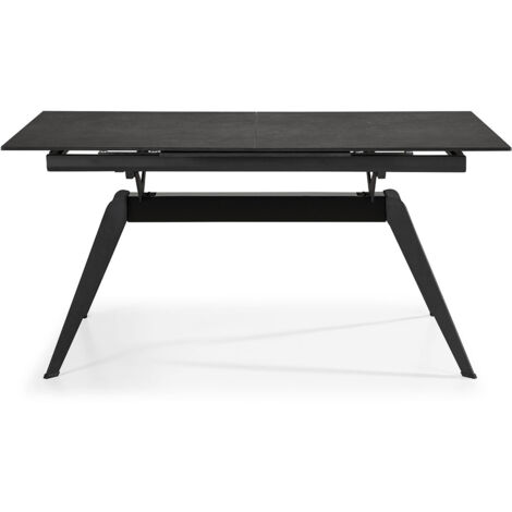 Table à manger, table de repas extensible en céramique coloris noir, pieds en métal noir - Longueur 160-220 x Profondeur 90 x Hauteur 76 cm