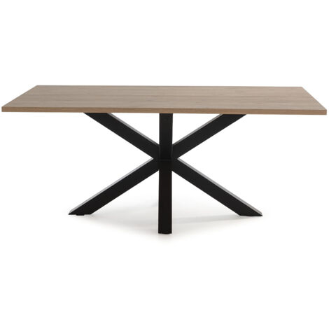 Table à manger, table de repas rectangulaire aspect bois coloris naturel avec pieds en métal noir - Longueur 180 x Profondeur 100 x Hauteur 76 cm