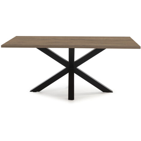 Table à manger, table de repas rectangulaire aspect bois coloris noyer avec pieds en métal noir - Longueur 180 x Profondeur 100 x Hauteur 76 cm