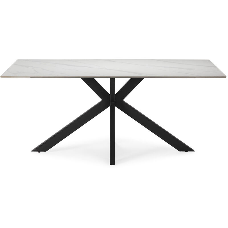 Table à manger, table de repas rectangulaire en céramique coloris blanc, pieds en métal noir - Longueur 180 x Profondeur 90 x Hauteur 76 cm