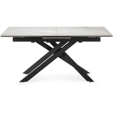 Table à manger, table de repas rectangulaire extensible en céramique coloris blanc mat, pieds coloris noir - Longueur 160-200 x Profondeur 89,50 x Hauteur 76 cm