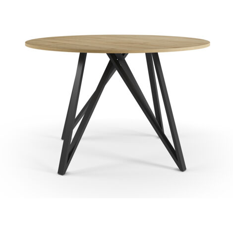 Table à manger, table de repas ronde aspect bois coloris chêne, pieds en métal noir - diamètre 120 x Hauteur 75 cm