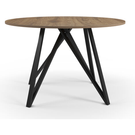 Table à manger, table de repas ronde aspect bois coloris chêne, pieds en métal noir -diamètre 130 x Hauteur 75 cm