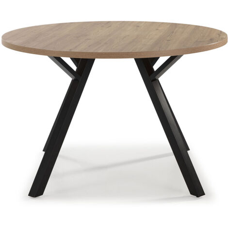 Table à manger, table de repas ronde aspect bois naturel et pieds en métal noir - diamètre 120 x Hauteur 77 cm