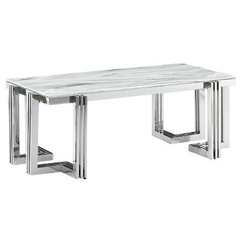 Table à manger / table repas rectangulaire en acier et verre imitation marbre - Longueur 180 x Hauteur 76 x Profondeur 90 cm -PEGANE-