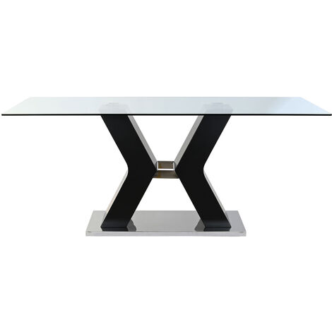 Table à manger, table repas rectangulaire en verre trempé/bois MDF - Longueur 180 x Profondeur 90 x Hauteur 76 cm -PEGANE-