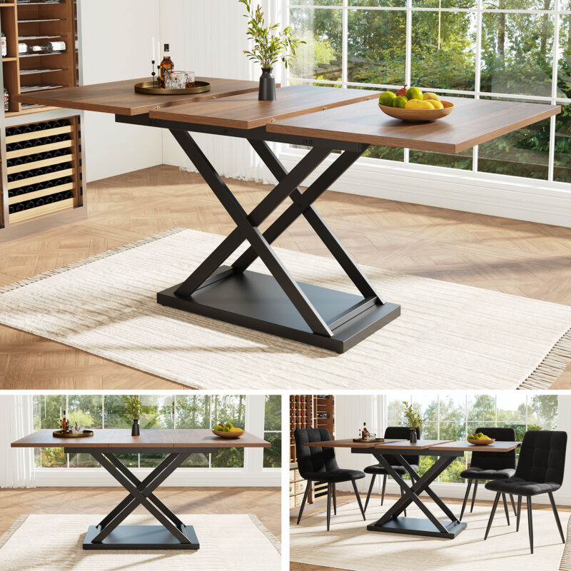 Table à manger table télescopique (120-160×80cm), table à manger extensible, table de cuisine peu encombrante, pieds en fer croisés noirs, pour