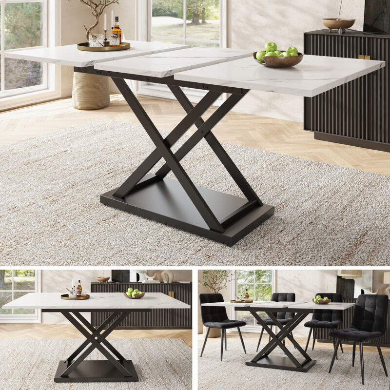 Table à manger table télescopique (120-160×80cm), table à manger extensible, table de cuisine peu encombrante, pieds en fer croisés noirs, pour