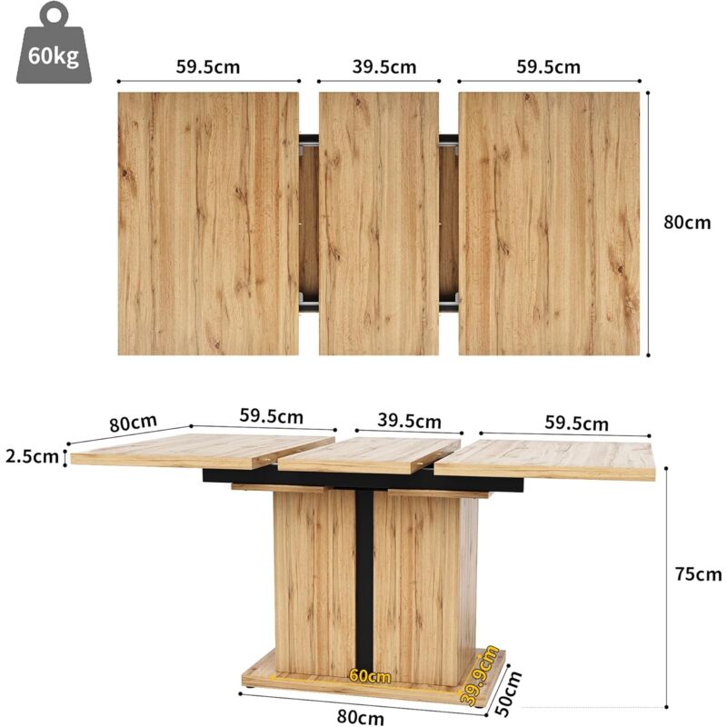 Table à Manger Télescopique Aiducho Extensible (119-158,5x80 cm), Compacte et Pratique, Idéale pour Cuisine et Salon