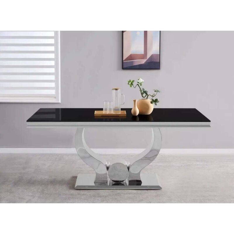 Homy France - Table a manger trofy chrome verre noir 180x90x75cm