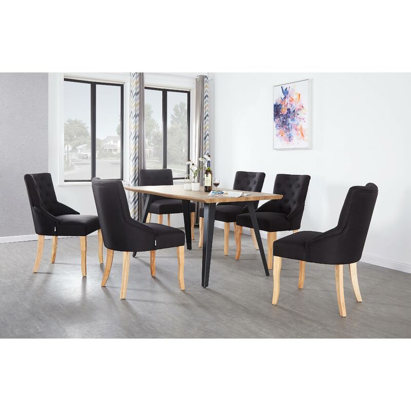 Table à Manger Vintage Coloris Chêne + 6 Chaises en Tissu Noir - Style Design & Classique - Noir
