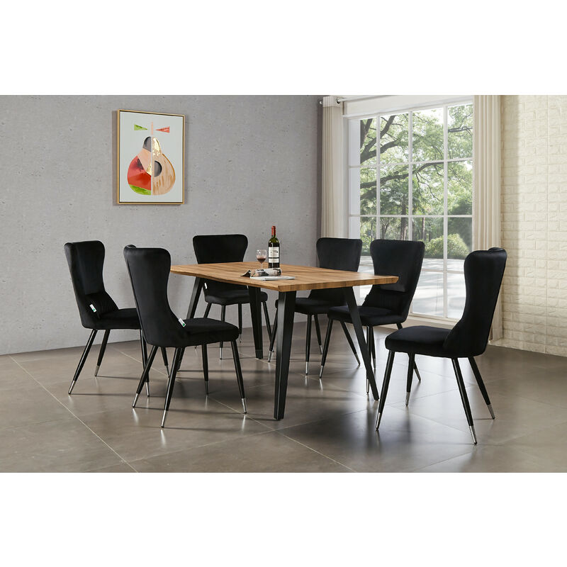 Life Interiors - Table à Manger Vintage Coloris Chêne + 6 Chaises en Velours Noir & Chrome - Style Scandinave - Noir