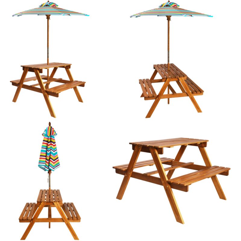 Table à pique-nique et parasol enfants 79x90x60cm Acacia solide - Table à Pique-nique Enfant - Mobilier De Jardin Enfant - Jeux D'extérieur - Parasol