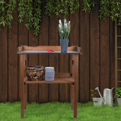 Table à plantes avec armoire basse en bois Table à plantes balcon imprégnée, avec compartiment de rangement et plaque métallique, LxlxH 78x38x86 cm