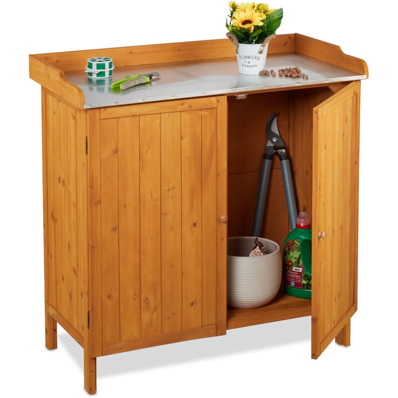 Table à plantes avec rangement, bois, plateau en étain, hlp : 94 x 94 x 47 cm, armoire de jardin, orange - Relaxdays