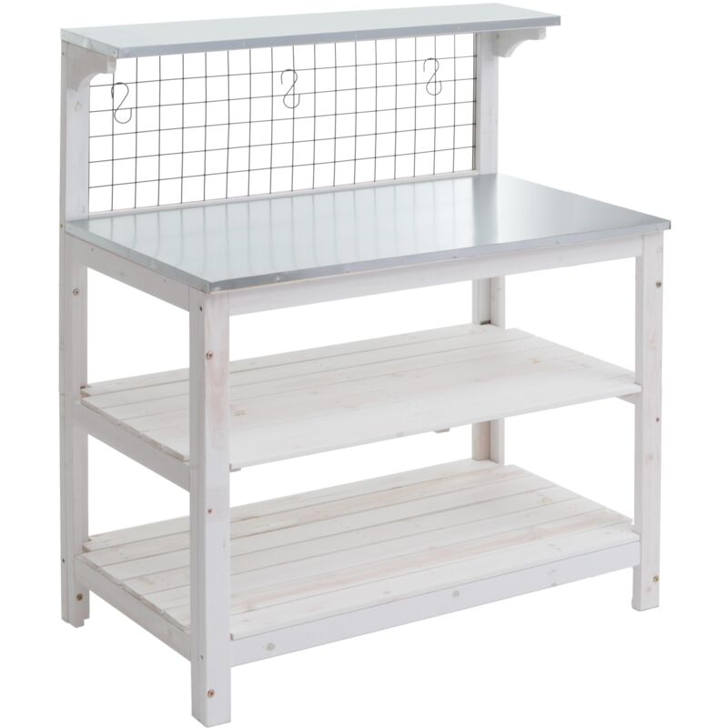 Table à plantes HHG 151, table de jardinier table à fleurs étagère à plantes, bois certifié mvg plaque galvanisée, 117x102x56cm, blanc