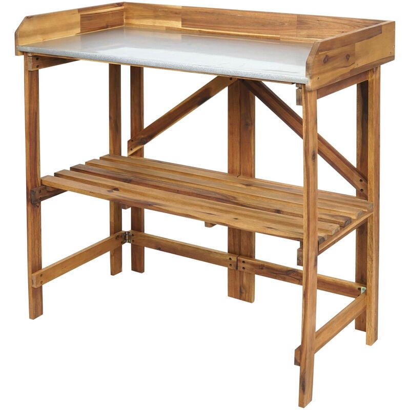 Mendler - Table à plantes HWC-L18 - table de jardinage table à fleurs étagère à plantes - pliable Outdoor bois d'acacia certifié mvg - bru