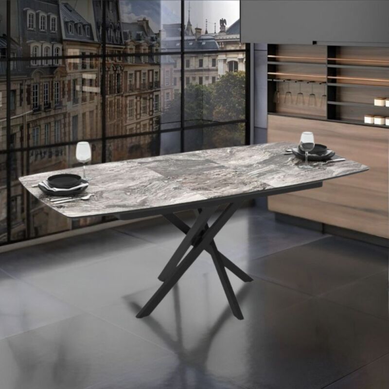Toscohome – Table extensible 145x90 cm – Plateau marbre noir arabesque – Pieds métalliques noirs – Extension 40 cm pour repas conviviaux
